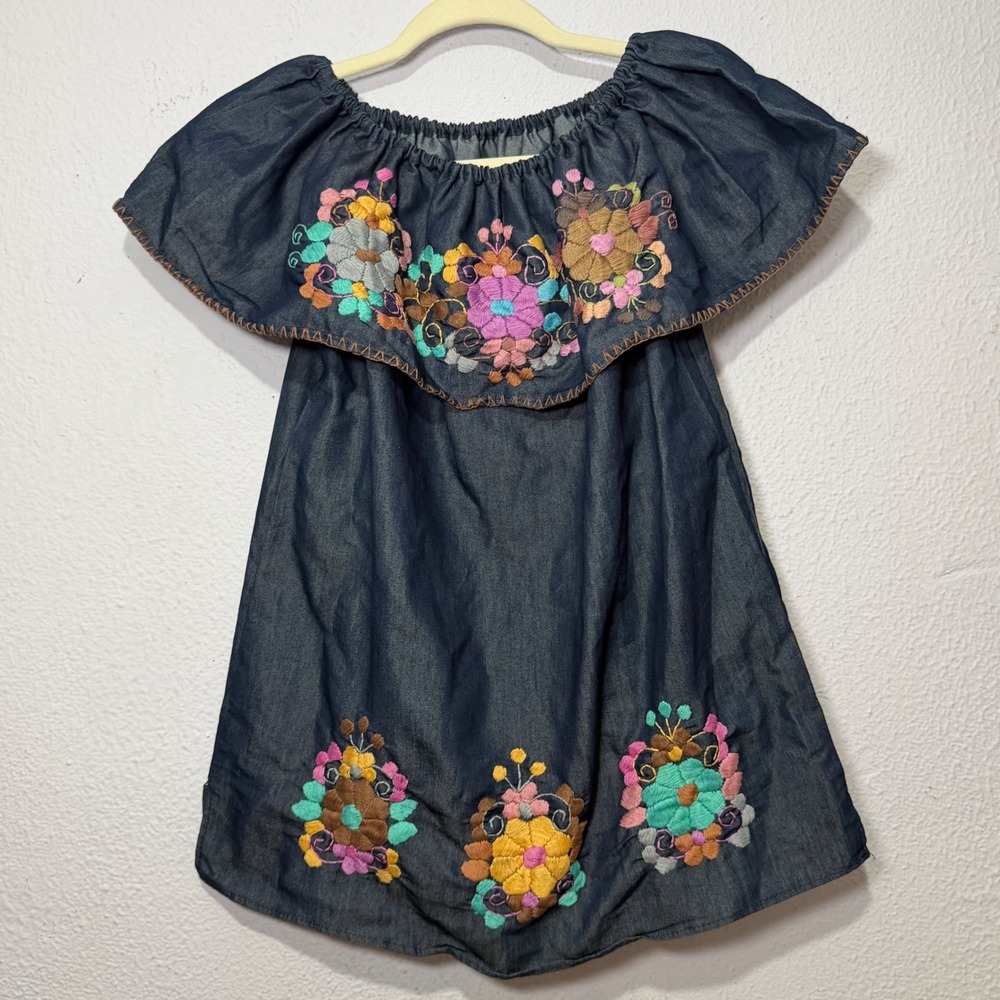 Vintage Floral Top Women Embroidered Denim Off Shoulder Cottagecore Boho Size M?